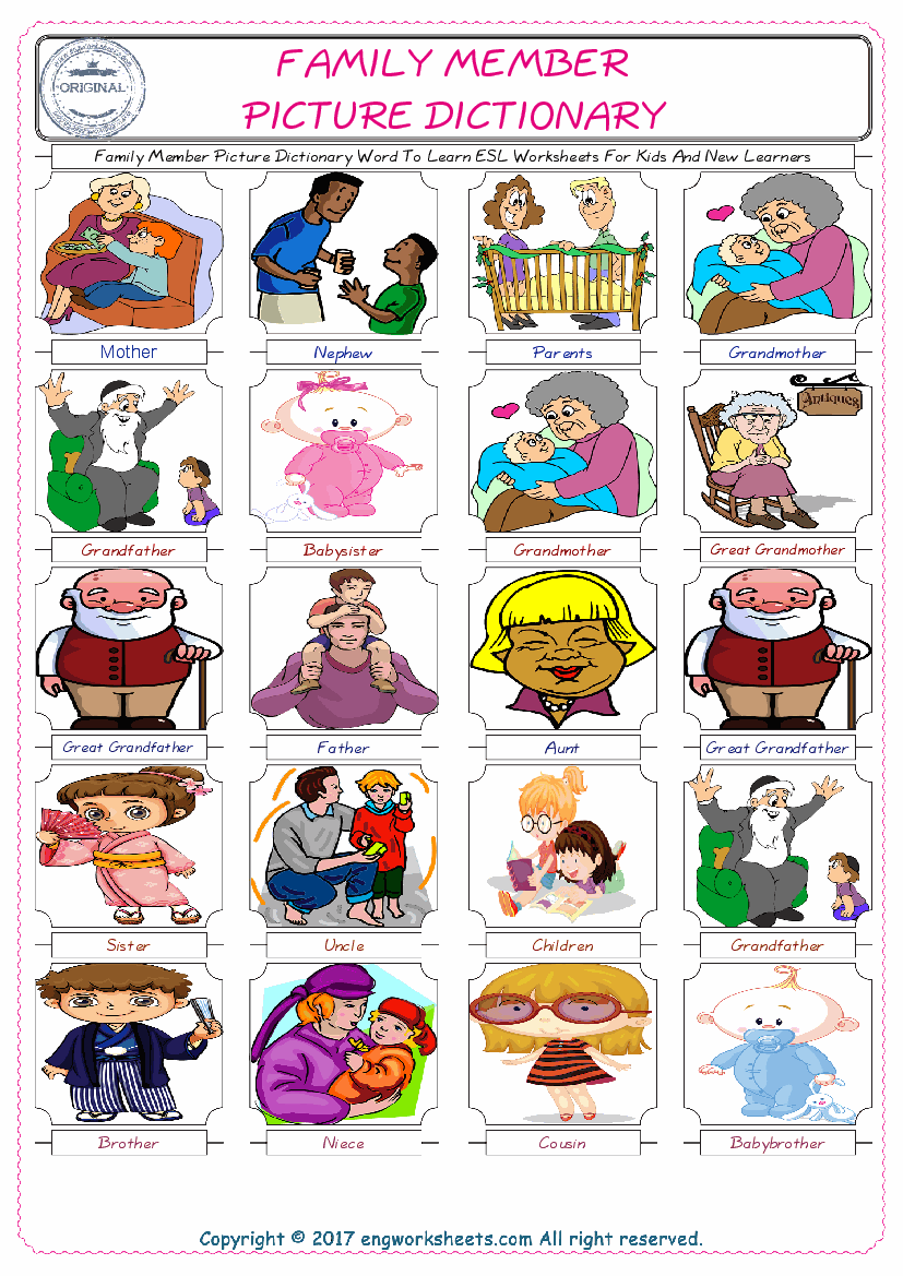  Family Member English Worksheet for Kids ESL Printable Picture Dictionary 
